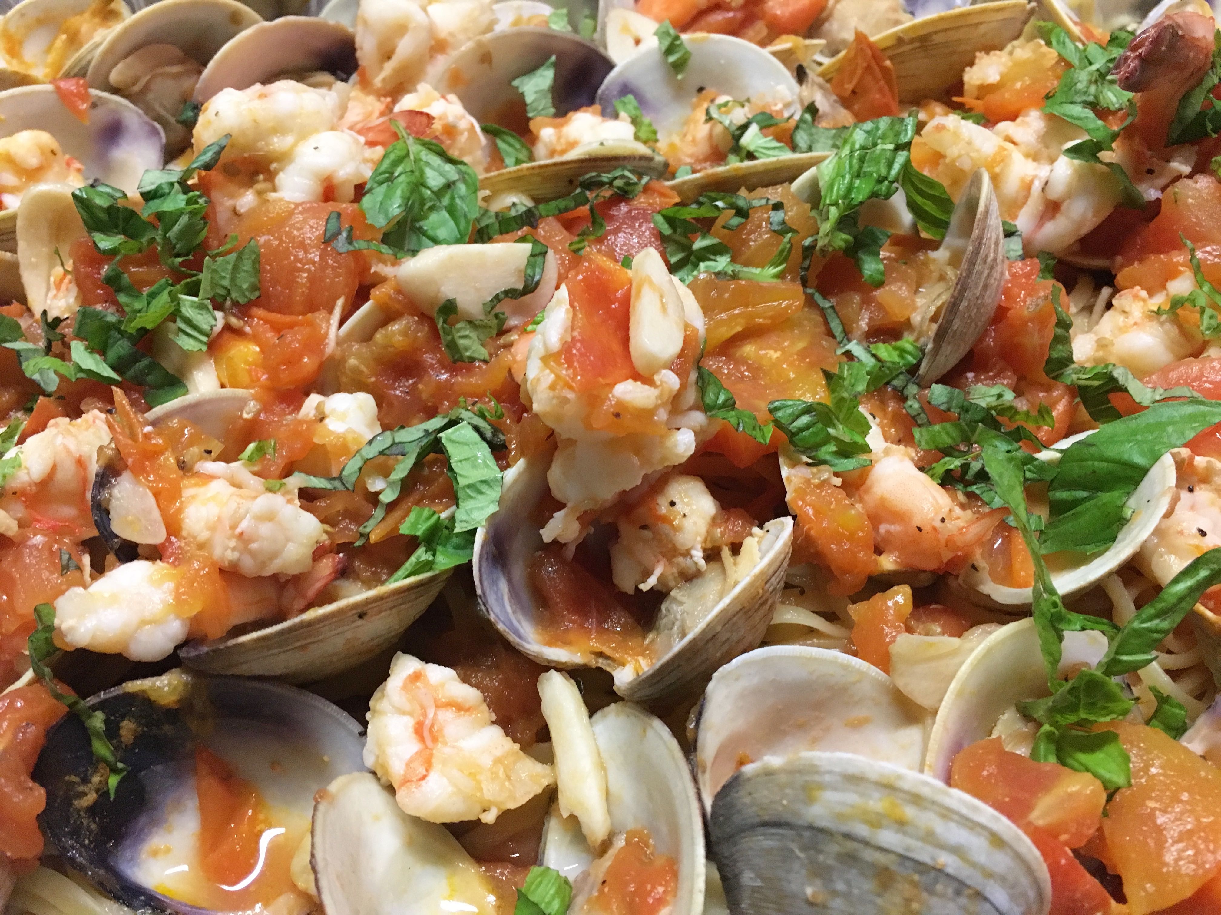 Shrimp and clams with tomatoes and herbs at La Fontana
